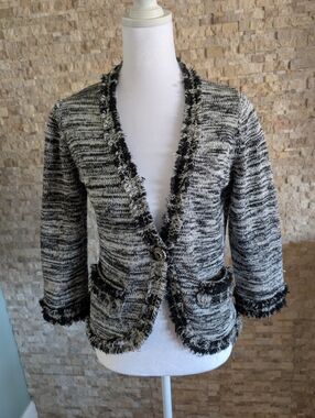 Tweed Knit Cardigan Jacket Black Cream Frayed Trim Chanel Style Sz Small Classic